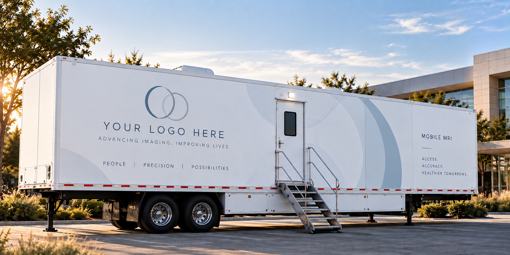 The Catalyst mobile MRI coach parked at a hospital, patient door and stair unit deployed.